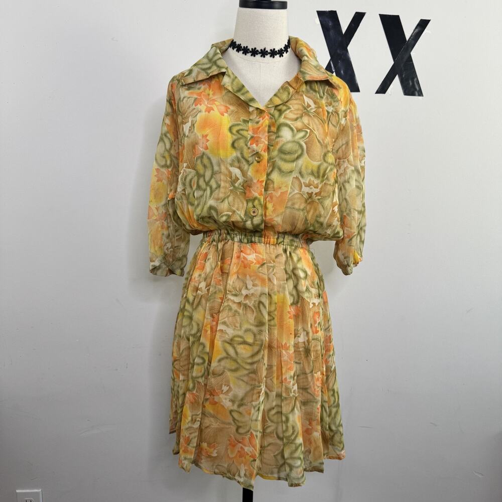 Vintage 70s Handmade Sheer Floral Midi Dress Collared Elastic Waist S M